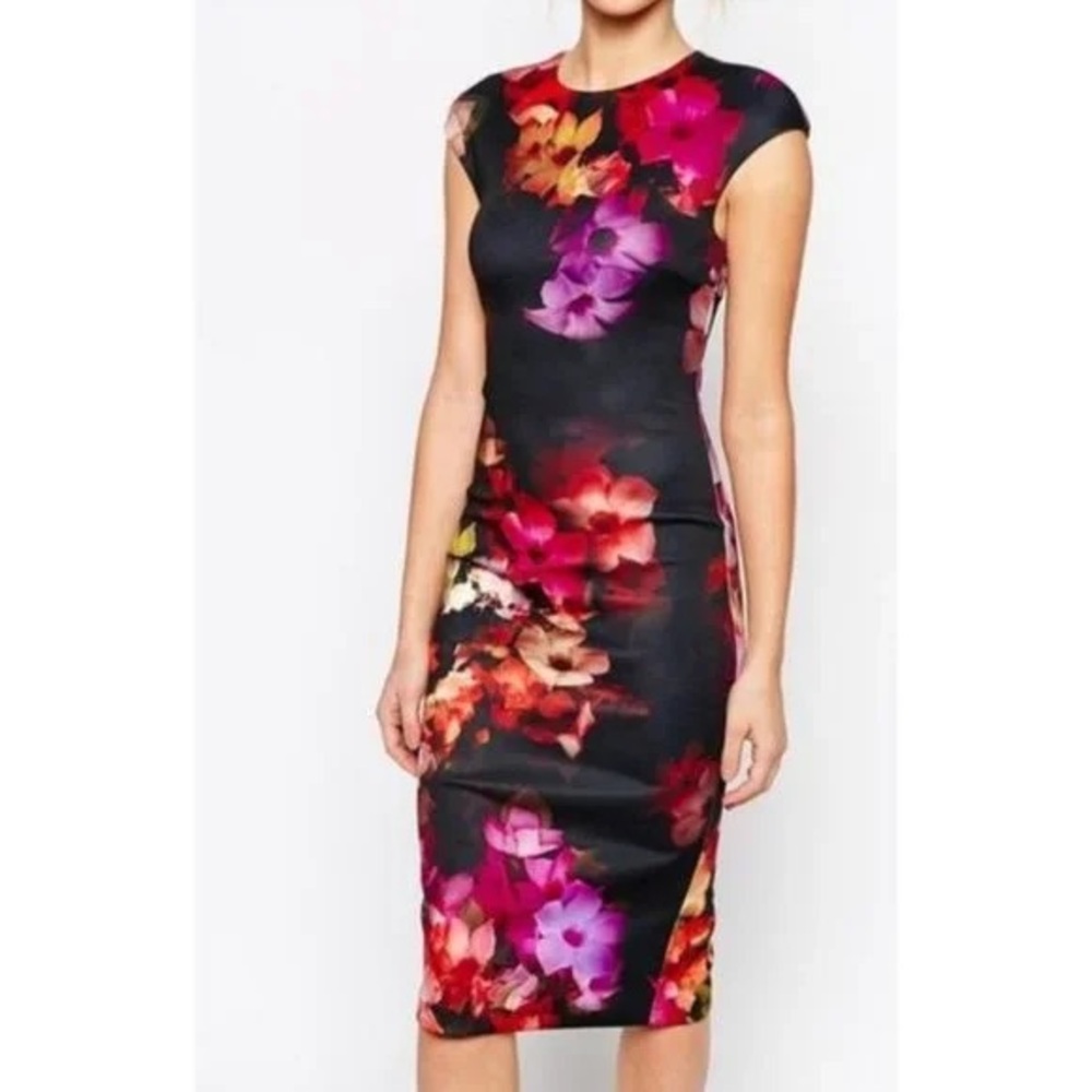 Ted Baker Black and Pink Floral Midi Dress